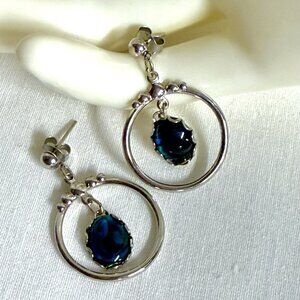 Vintage Silver-Tone Dangle Earrings with Blue Glass Cabochon Drop